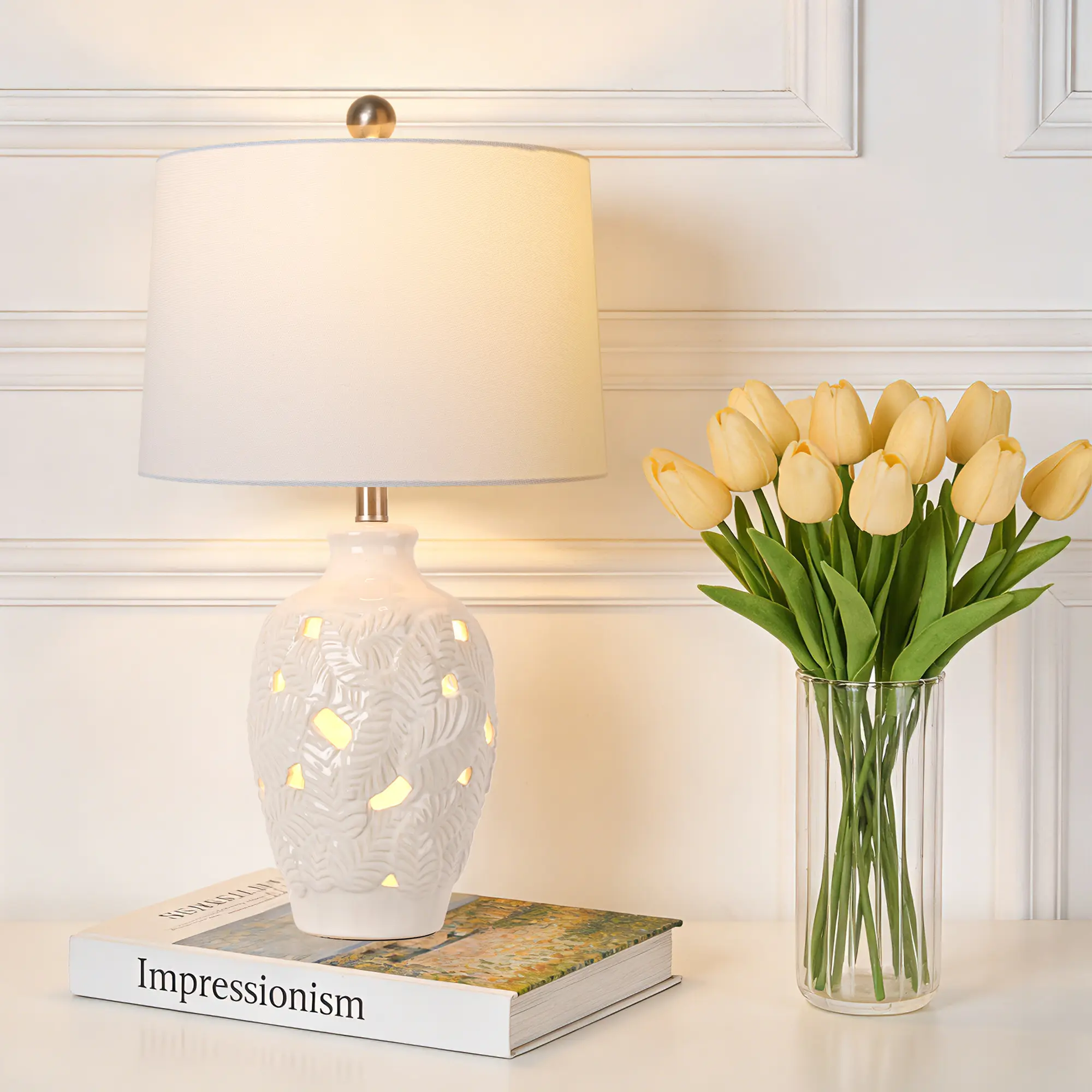 One White Ceramic Table Lamp with Hollow-Carved Leaf Pattern, Modern Bedside Lamp with Fabric Drum Shade for Bedroom, Living Room, Entryway Decor
