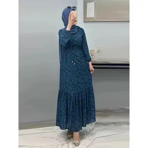 Plus Size Allover Print Kaftan Dress, Elegant Long Sleeve Crew Neck Maxi Length Dress, Women's Plus Size Clothing, Plus Size Dresses, Middle Eastern Muslim Print, Waist Tie