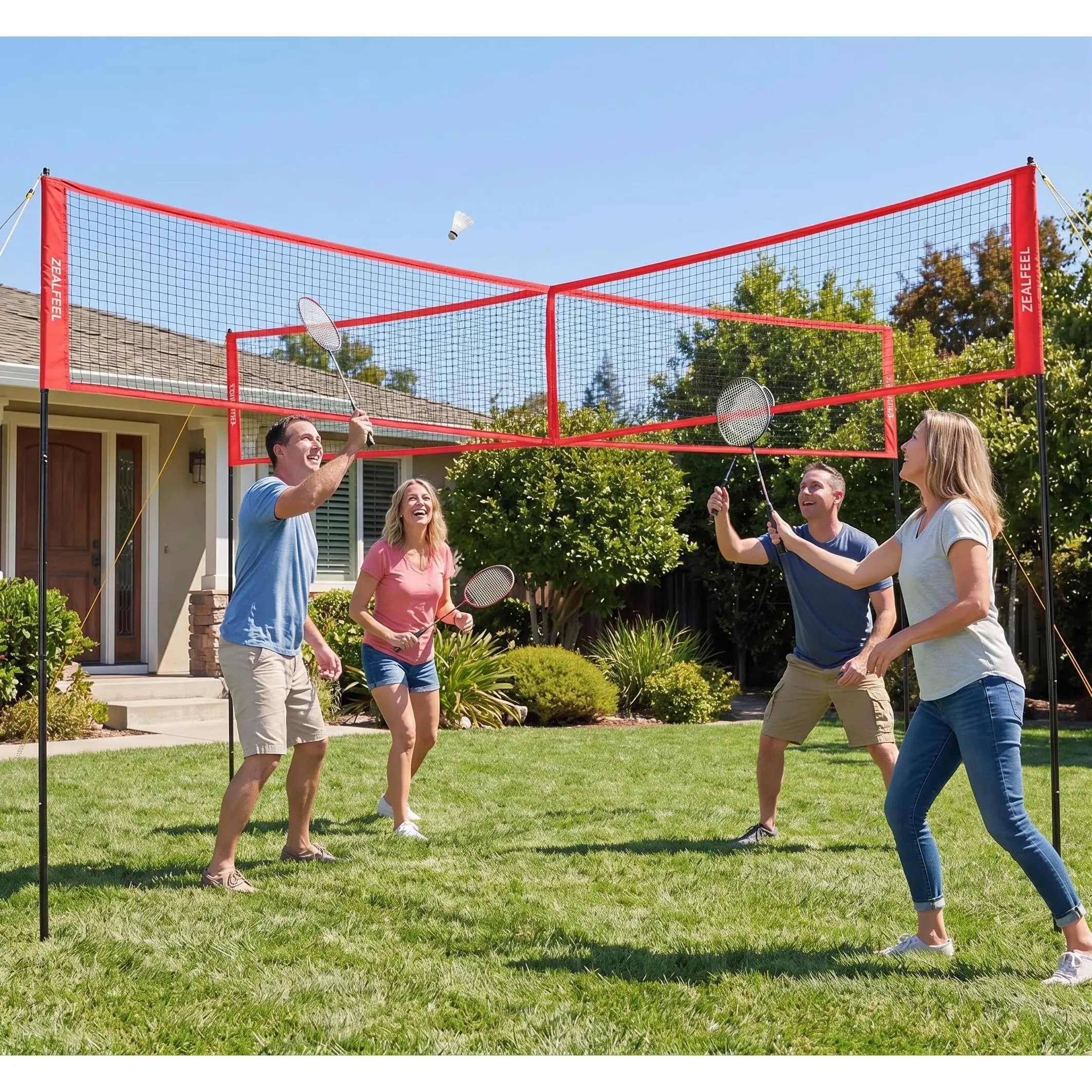 4 Square Volleyball Net Set for Backyard Beach, 14x14ft 4-Way Volleyball Game with Ball & Pump, 3 Adjustable Heights for Kids Teens Adults, Portable Crossnet Style Outdoor Game Set with Carry Bag for Lawn Park Party