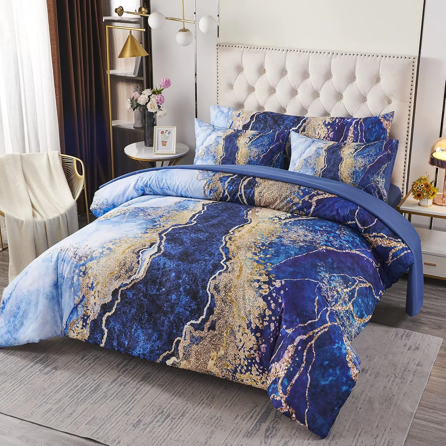 6 Bed-in-A-Bag Blue Watercolor Marble Printed Comforter Set with Matched Bed Sheets, Colorful Retro Artwork Style Bed Collections,Soft and Lightweight Quilt Set(Blue,Queen)