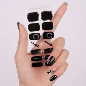 DANNI & TONI Semi Cured Gel Nail Strips Black (Midnight Eclipse) Ouroboros Gel Nail Stickers Devil Wings Glitter Gel Nail Wraps 28pcs