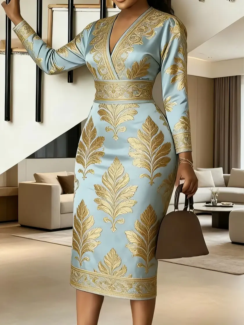 Women Light Blue Midi Dress V‑Neck Wrap Long Sleeve High Waist Bodycon Pencil Dress Luxury Elegant Style Gold Leaf Floral Print Formal Dress For Wedding Guest Dinner Party Cocktail Special Occasions