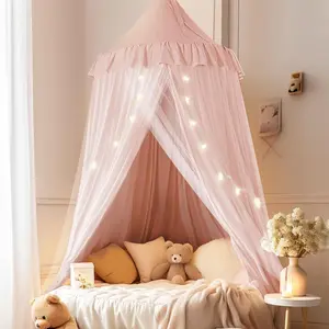 Bed Canopy with Star Lights, Double Layer Canopy for Bed, Princess Play Tent for Girls Room, Breathable Bed Curtain for Children Reading Nook, Machine Washable, 25.6''x106'', Pink