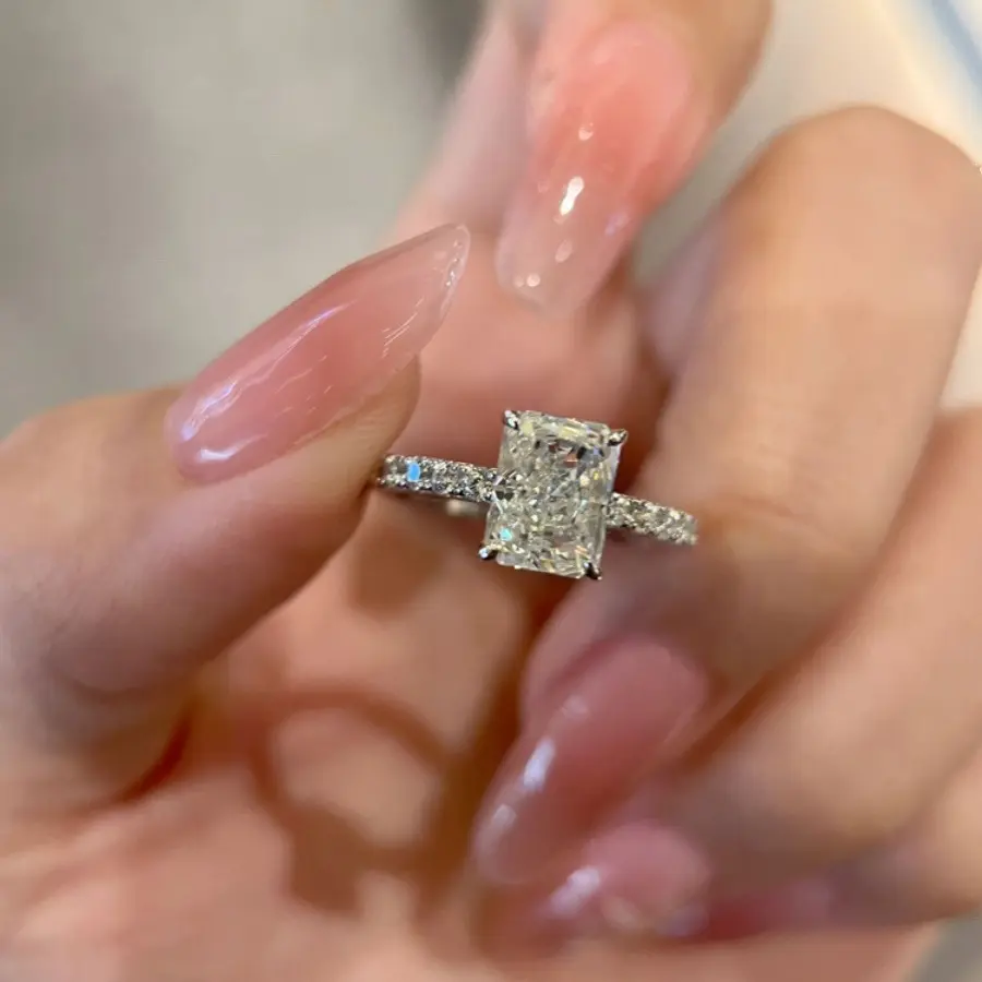 3D Pave 2.2MM Hidden Halo Setting with 5ct Radiant Cut Labgrown Diamond E Color VS1 Clarity in Platinum
