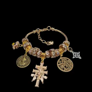 Bee, San Benito, Cruz de Caravaca, Tetragramaton, Witch knot gold plated bracelet