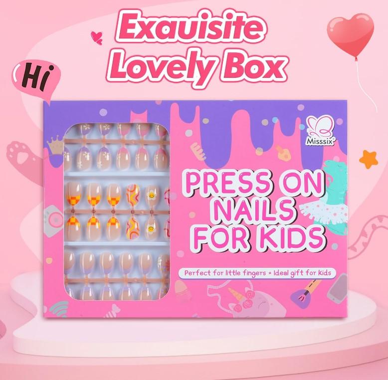 Misssix 78 Pcs Press on Nails for Kids, 3 Pack Kid Fake Nail Kit Cute Press on Nails, Old Colorful Flower Glue On Nails Stick On Nails for Girls 8-12 Years