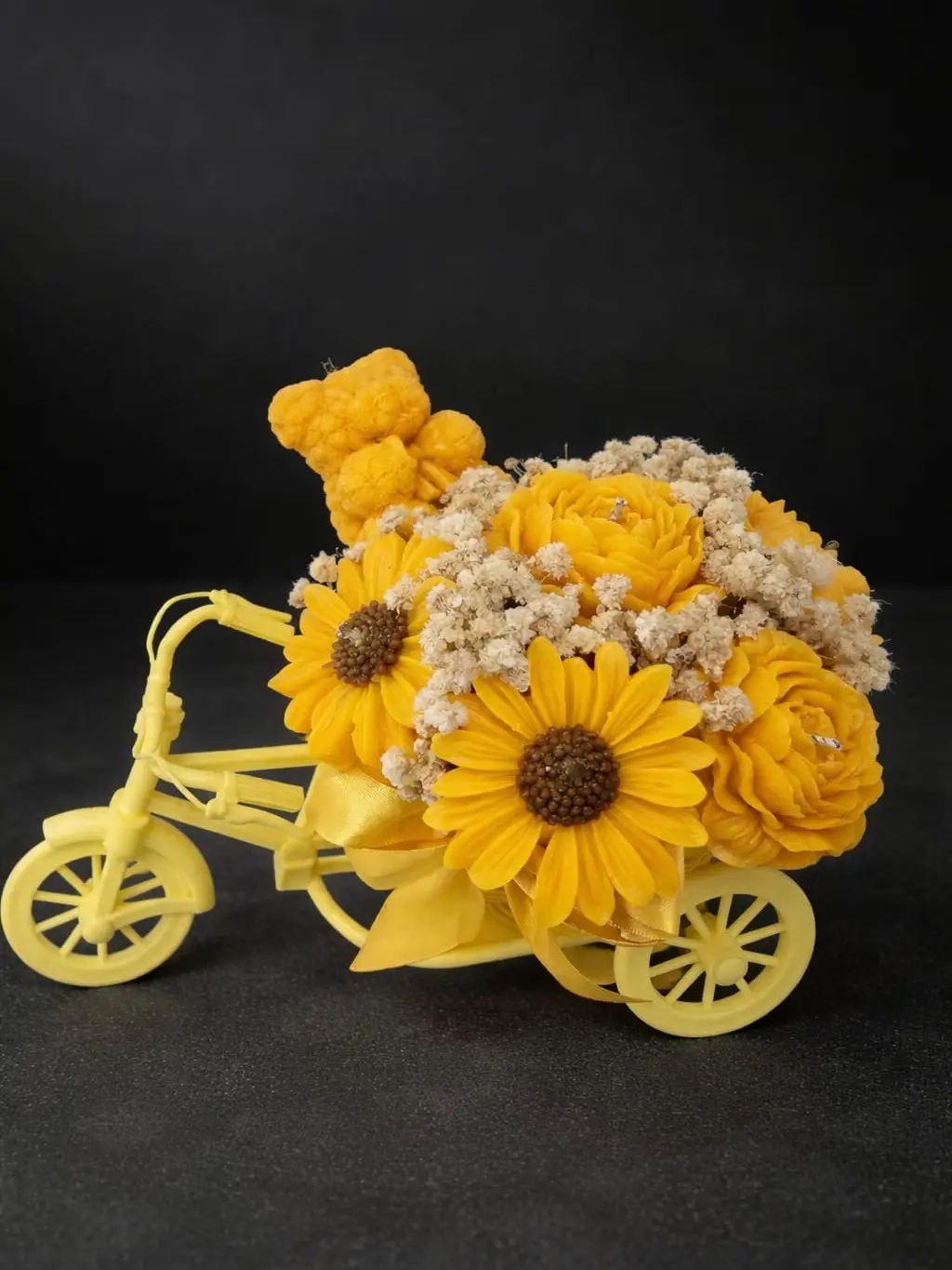 Yellow Bicycle Candle Bouquet with Teddy Bear