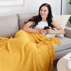 Knit Throw Blanket for Couch, Soft Knitted Boho Farmhouse Home Decor Woven Throw, Cozy Decorative Afghan Bed Sofa, Outdoor Summer Fall Gift Lightweight