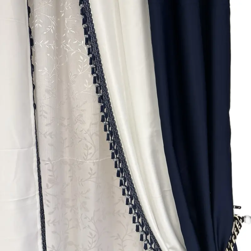 Turkish Curtains - White and Navy Blue with Embellished Trim Design