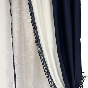 Turkish Curtains - White and Navy Blue with Embellished Trim Design