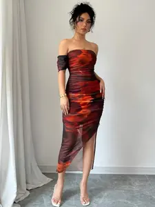 Mandarin Print One-Shoulder Dress, Ruched Slim Mesh Design, High Slit Irregular Hem, Vacation Date Long Dress, Showoff Style Women