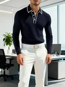TikTok Trendy Men's Long Sleeve Polo Shirt | Breathable Knit Fabric , Muscle Fit Stripe Design w/ Fold Collar (Fall Winter Layering Essential) – Slim Fit Casual Top for Gym, Business Casual Office & Streetwear #MensFashion