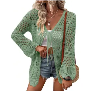 Women's Solid Color Hollow Out Tie Front Crochet Cardigan, Casual Long Sleeve Knitwear for Summer, Fashion Women's Knit Clothing for Daily Wear, Knitting, Summer Cardigan Women, Beach Cover Up, Lightweight Knit Top, Boho Crochet Sweater, Vacation Outfit