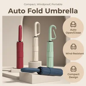 Compact Automatic Folding Umbrella with Ring Buckle Handle – Windproof 10-12Rib Travel Umbrella for Sun & Rain
