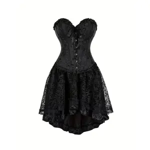 [1pc Sexy Bodysuit With Mesh Skirt] 1pc Sexy Tunic Waist Vest Girdle European And American Court Bodysuit With Black Mesh Dance Skirt Prom Bodysuit With Skirt