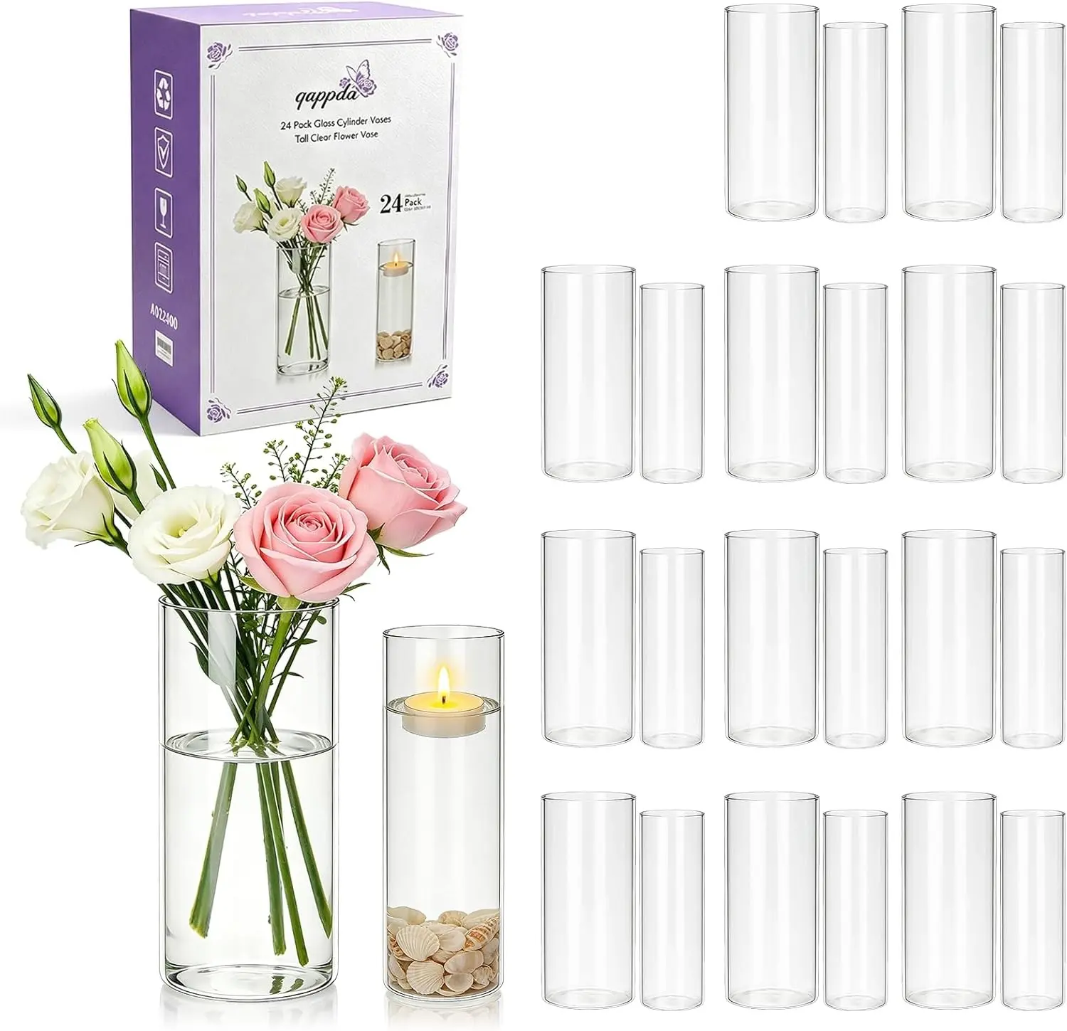 24 Pack Clear Glass Cylinder Vases (7.3 & 7.7 Inch Tall), Flower Vases Floating Candle Holder Hurricane Vase for Table Shelf, Party, Wedding, Home Decor