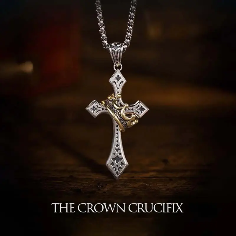 Crucifix Necklace with Carved Crown and Cross Emblem, Vintage Gothic Metal Link Chain for Men & Women, Spiritual Punk Jewelry, Crucifix Necklaces, Unique Birthday Gifts, Spiritual Jewelry, Daily