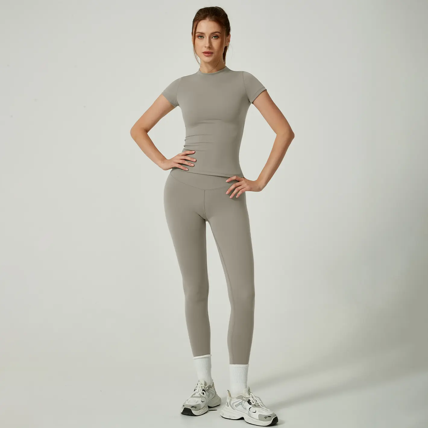 Grayish-brown [short-sleeved shirt + long pants]