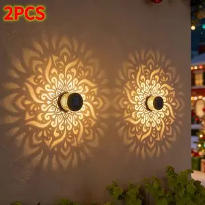 2 Pack Solar Fence Lights, Metal Solar Powered, Waterproof, Mandala Theme, Outdoor Deck Step Wall Lights, Garden Patio Backyard Decor