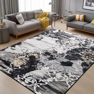 9x12 Large Abstract Faux Cashmere Print Rug with Non-Slip Backing, Machine Washable, Low Pile Rug for Living Room, Bedroom, Dining Room, Orange/Yellow, Black, Gray, Blue, Beige, Gray, 4x6, 5x7, 6x9, 8x10, 9x12 Feet