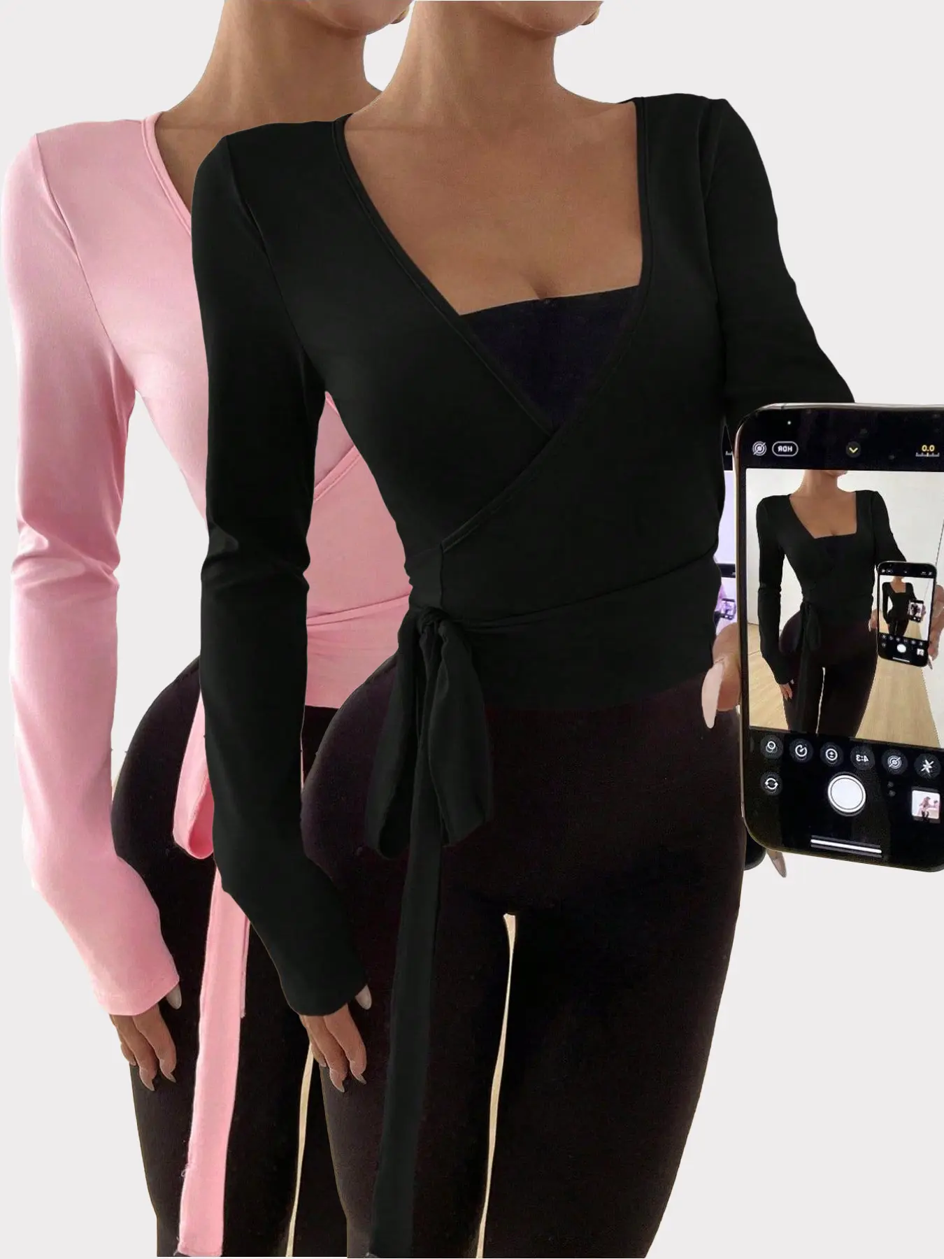 Autumn and Winter Yoga Athletic Activewear Stretch Soft Open Front Tie V-Neck Wrap Long Sleeve Slim Fit T-Shirt, Minimalistic Activewear, Fashion Minimalist Casual Two-piece set, Athletic Yoga Tops, Sportswear