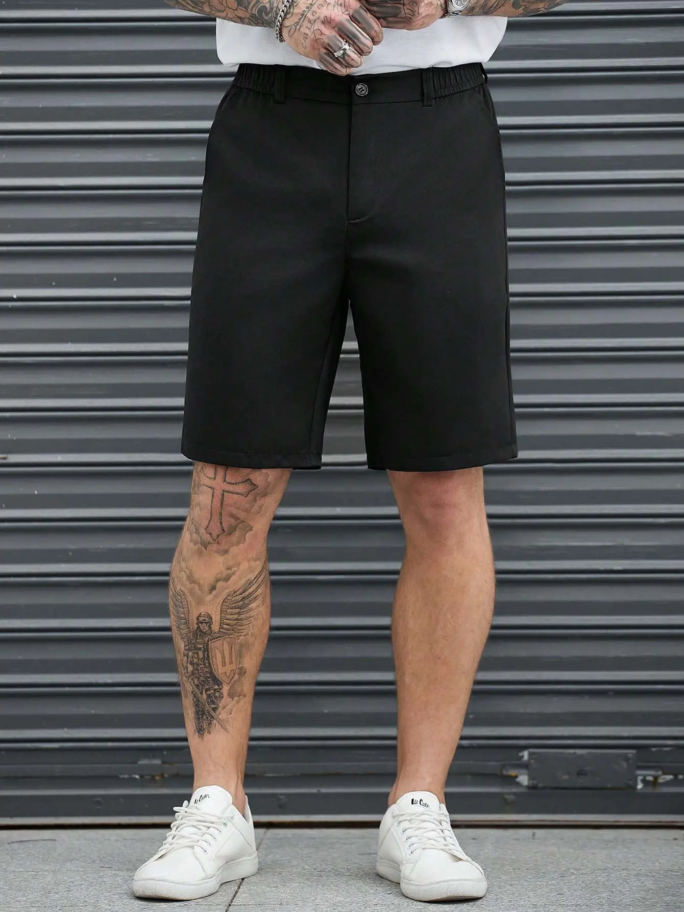 Men’s solid color suit shorts with a half elastic waistband – wrinkle resistant woven fabric, straight leg, button closure, back elastic detail, lightweight business casual shorts for commuting and casual outings