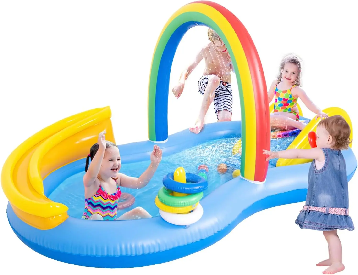 Inflatable Swimming Pool with Water Slide, Inflatable Play Center with Spray Water, Toss Ring, Ball for Outdoor Backyard Garden Water Park