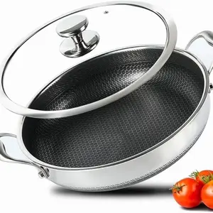 12-In Stainless Steel Hybrid Nonstick Pan – 6 Qt Deep Frying Pan with Lid, Dual Handles, Induction Ready, Oven Safe