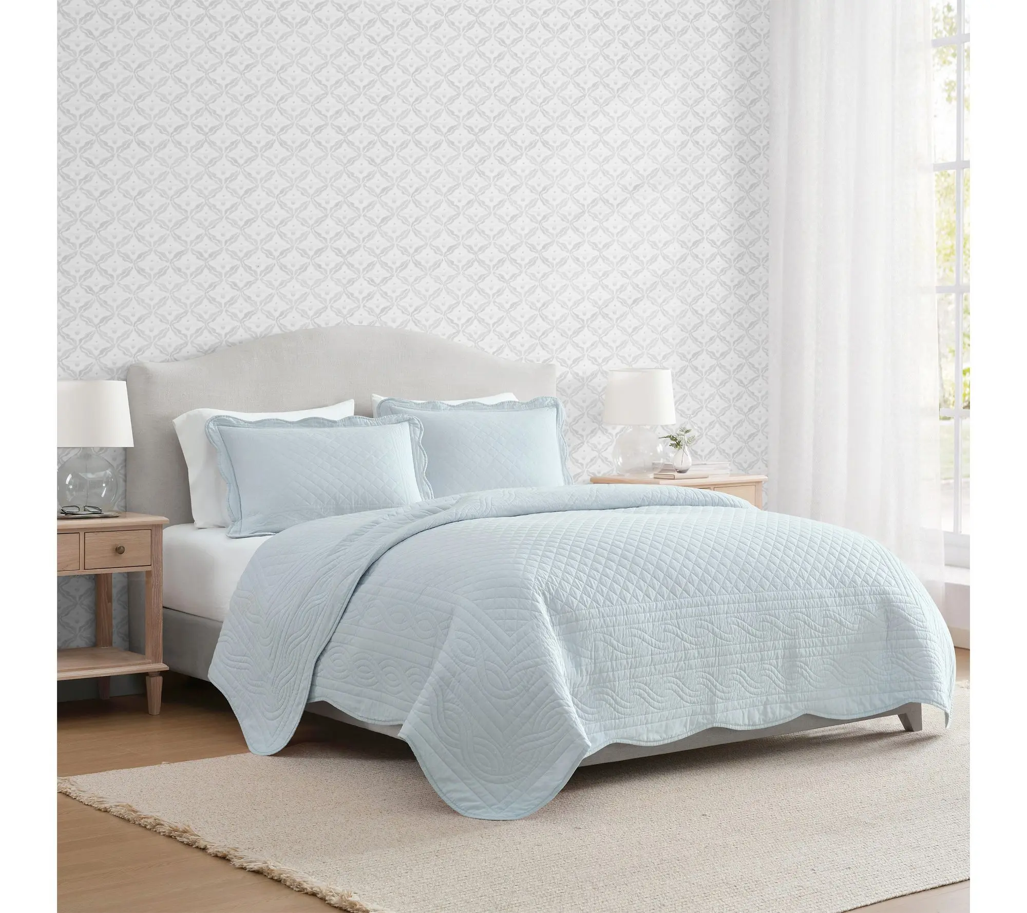 Martha Stewart Vintage Scallop Blue Cotton Twin Quilt Set