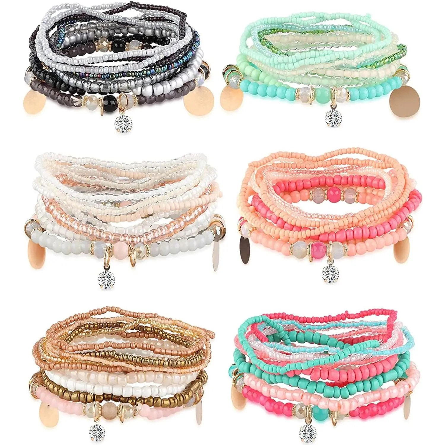 Milacolato Women's 6-Set Bohemian Multilayered Stackable Bracelets - Adjustable Drawstring, Comfortable Stretch, Multicolor Alloy Beads, Bohemian Style Bracelets, Mother’s Day, Anniversary, Adults, Arm Candy Accessories, Wrist Stack, Birthday, Gift-Ready,