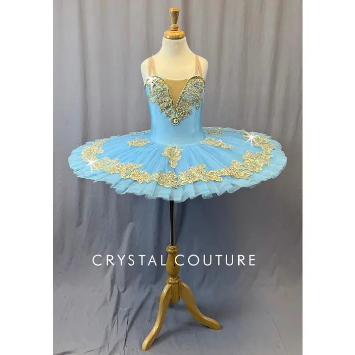 Sky Blue Platter Tutu with Gold Appliques and Rhinestones