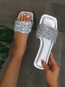 New Women's Sparkly Rhinestone Slide Sandals, Silver Color Glitter Square Toe Flat Slippers, Comfortable Non-Slip Summer Shoes for Party, Beach, Vacation