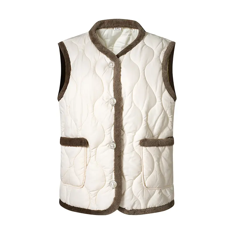 Vintage pearl button V-neck quilted vest for women, contrast plush trim, sleeveless shrug, 100% polyester casual outerwear vest, warm layering piece for autumn/winter, minimalist elegant contrast-trim cotton vest for women, sleeve detailing, sleeveless ja