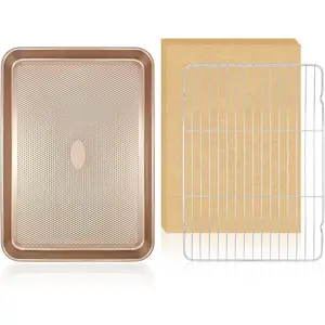 Baking Sheet with Wire Rack Set, 1 Sheet Pan(17.5'' X 11.8'') with 1 Cooling Rack, Includes 50 Sheets of  Paper, Thickened Carbon Steel Baking Pan, Nonstick Cookie Sheets for Baking