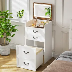 Miu small room vanity with Flip-up LED Mirror, Glass Tabletop,6-Compartment Storage Space, Soft Stool with Hidden Space & Drawer