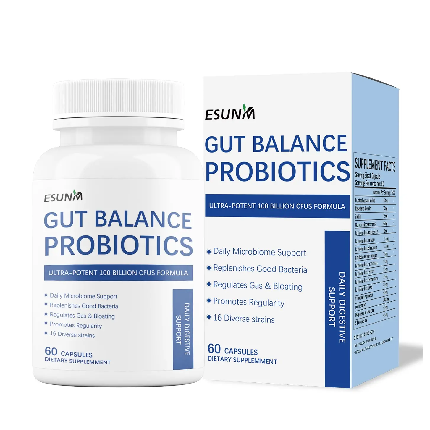ESUNM Gut Balance Probiotics 100 Billion CFU 16 Strains Organic Prebiotics for Immune Digestive Health Supports Constipation Diarrhea Gas Bloating for Men Women 60ct Regularity Aid Edible Healthcare Supplement