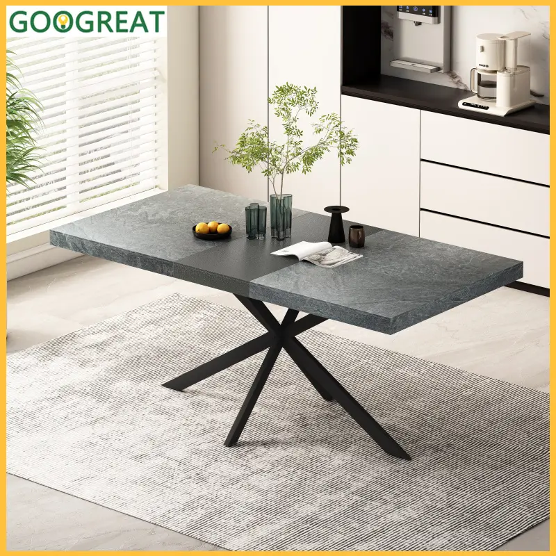 [GOOGREAT]Table Coffee Table 55.11" -70.86"Retro Rectangular Stretch Dining Table,Dark Grey Stone Top And Black Relief Plate, Black Fine Sand Cross Iron Foot Base Dining Table, With Storage Box