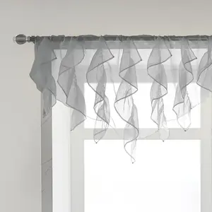 Ruffled Voile Semi Sheer Curtain Valance, Kitchen Living Room Shabby Chic Ruffle Valance Curtains, Girls Daughters Bedroom Cascade Window Valance 52x26 Inches (Grey-Triangle)