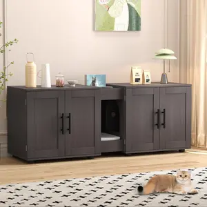 [NEW PRODUCT - FLASH SALE] Garvee Hidden Litter Box Enclosure for 2 Cats, Double Room Cat Furniture Cabinet with Storage Groove & Odor-Reducing Mat, Wooden Cat Washroom Bench for Living Room, Dark Walnut