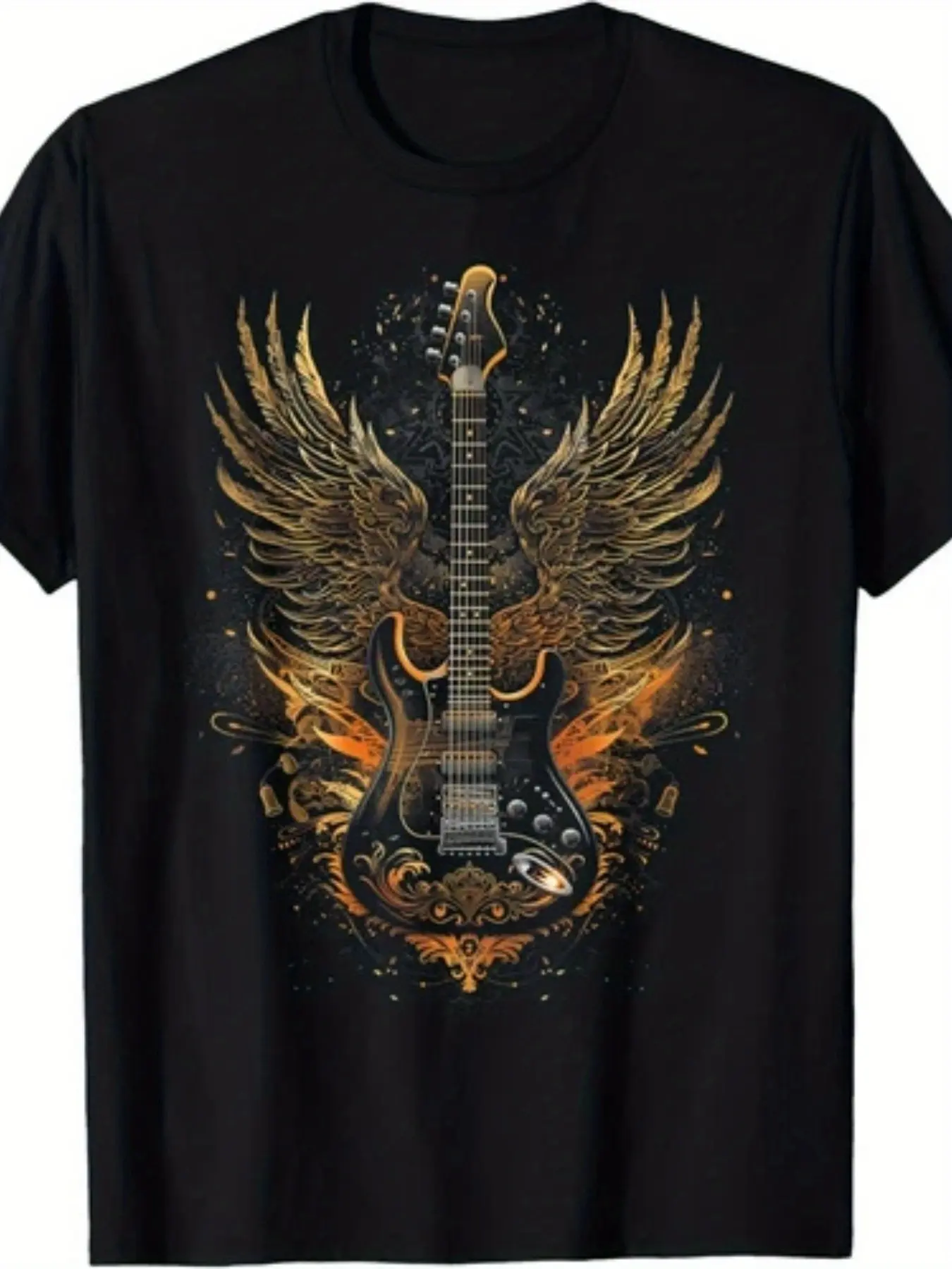 Men's Vintage Rock and Roll Guitar with Wings T-Shirt - Retro Music Graphic Tee, Short Sleeve Casual Shirt with Iconic Winged Guitar Print, Comfortable Casual Attire for Concerts and for All-Season Outfits