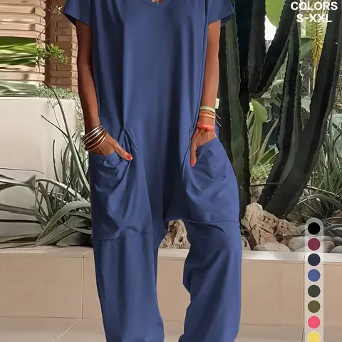 2026 Loose Oversized V Neck Short Sleeve Drop Waist Romper Jumpsuit, Wide Leg Casual Pants, Multi-Color Large Pockets, Home & Vacation Wear