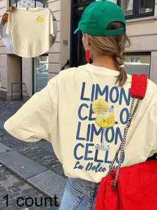 Lemon Print Casual Fitted Knit T-Shirt for Women, Short Sleeve Round Neck Top, Summer & Spring Wear, Comfortable Daily Tee