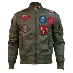 Men's Classic Top Gun Bomber Leather Jacket With Patches