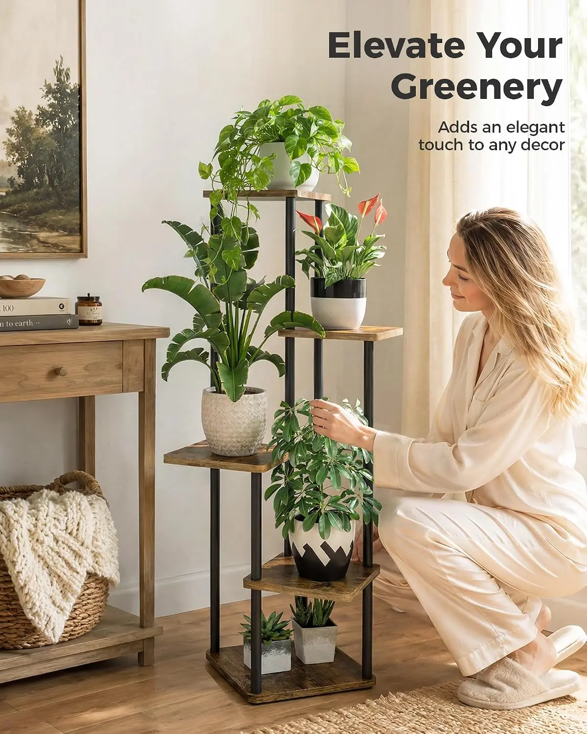 GENTINGBRO Tall Plant Stand Indoor 5 Tiered Plant Shelf for Multiple Plants Coner Shelf Stand Wood Plant Stand Metal Shelving for Living Room Bedroom Balcony Patio Brown Oak