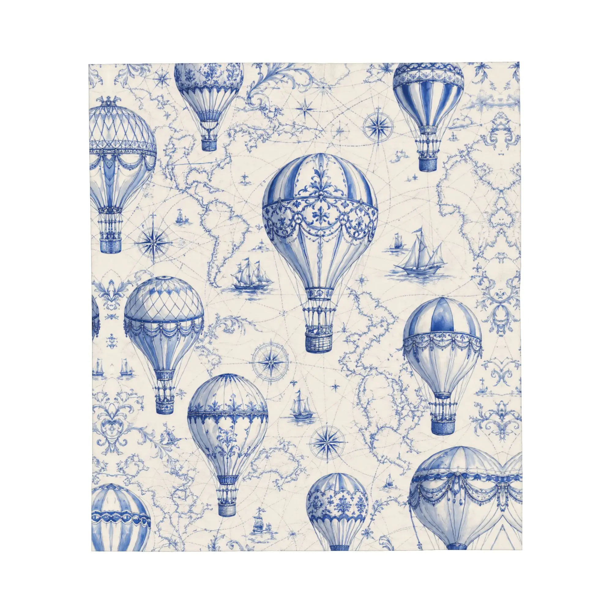 Vintage Hot Air Balloon Flannel Travel Blanket - Blue White Toile de Jouy Nautical Map Compass Print, Retro French Home Decor, Soft Warmth Unisex Camping Blanket for Couch, Multi-Size 30in-80in, All-Seasons, Standard Fits Birthday Gift