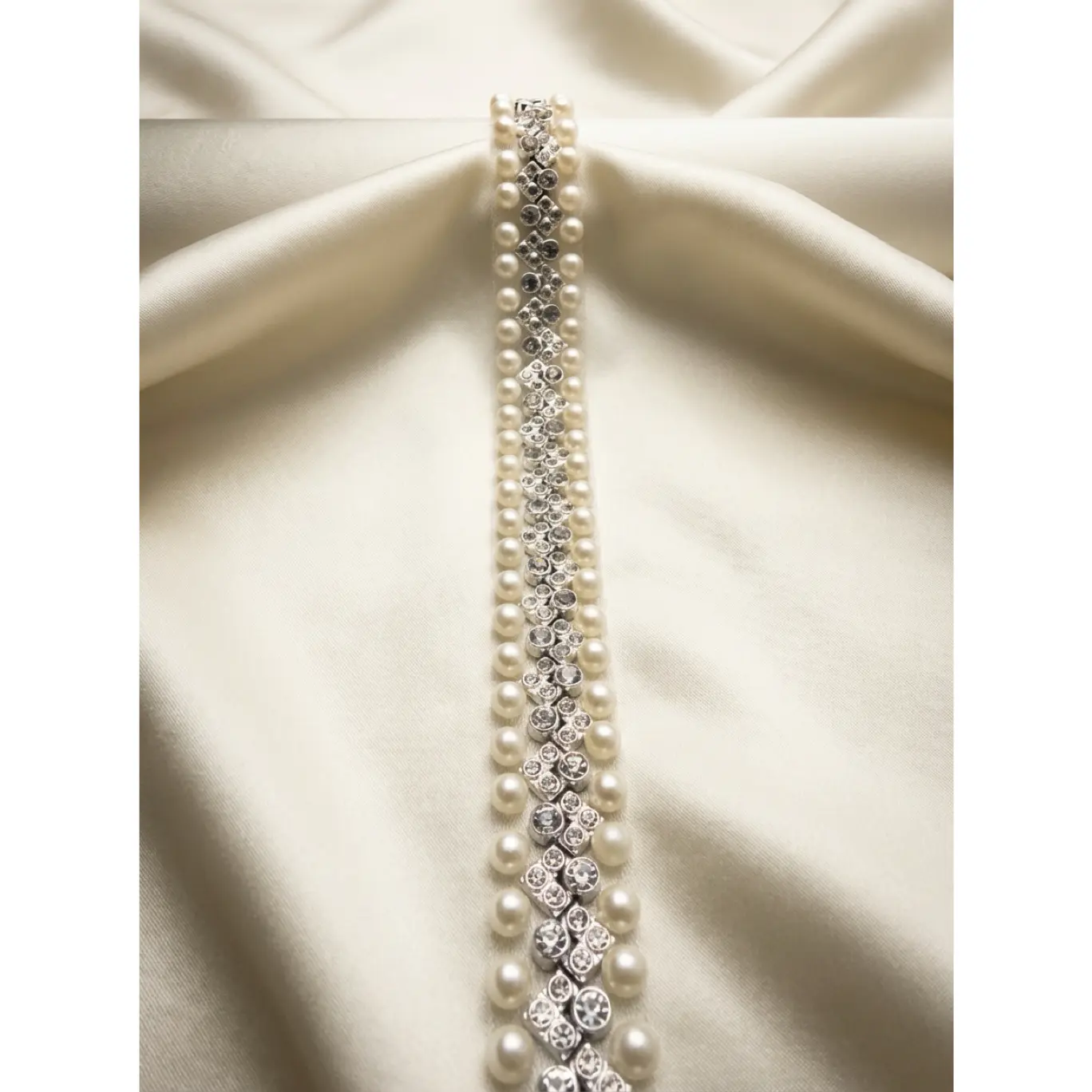 Silver Rhinestone & Ivory Pearl Beaded Trim – Self Adhesive or Sew-On Seam Allowance – Bridal Crystal Trim for Dress, Collar, Belt