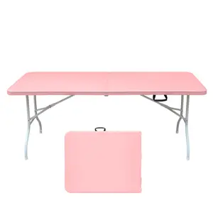 6ft Pink Folding Table, Portable Plastic Table for Camping, Picnics, Parties, High Load Bearing Foldable Table