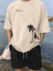 Men's Tropical Coconut Tree Print Tee & Drawstring Waist Shorts Set, Regular Fit Casual Athleisure Round Neck Short Sleeve T-shirt & Pocket Shorts, Men's Summer Clothes, Menswear