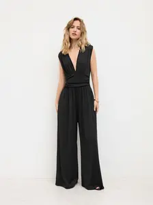Cider V-neck Ruched Solid Wide Leg Jumpsuit