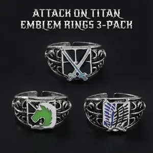 3-Piece Attack on Titan Ring Set - Military Badge & Wings of Freedom Design, Unisex Anime Jewelry, Survey Corps Collector's Gift